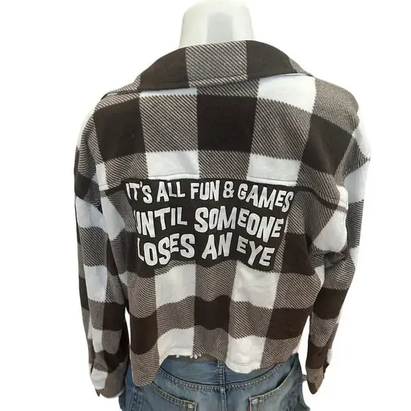 Plaid Fleece Button Up Crop Top MEDIUM All Fun Games Until Someone Loses An Eye - Picture 1 of 6